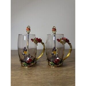 Arc France 4Pc Set Of Glass Tea Cup Mugs 35cl + Spoons Rose Butterfly Jeweled